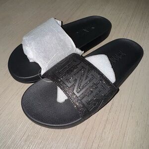 PINK Victoria's Secret Black Glitter Logo Slide Sandals